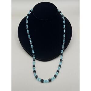Vintage Turquoise & Black Glass Bead Necklace w/Sterling Silver Clasp